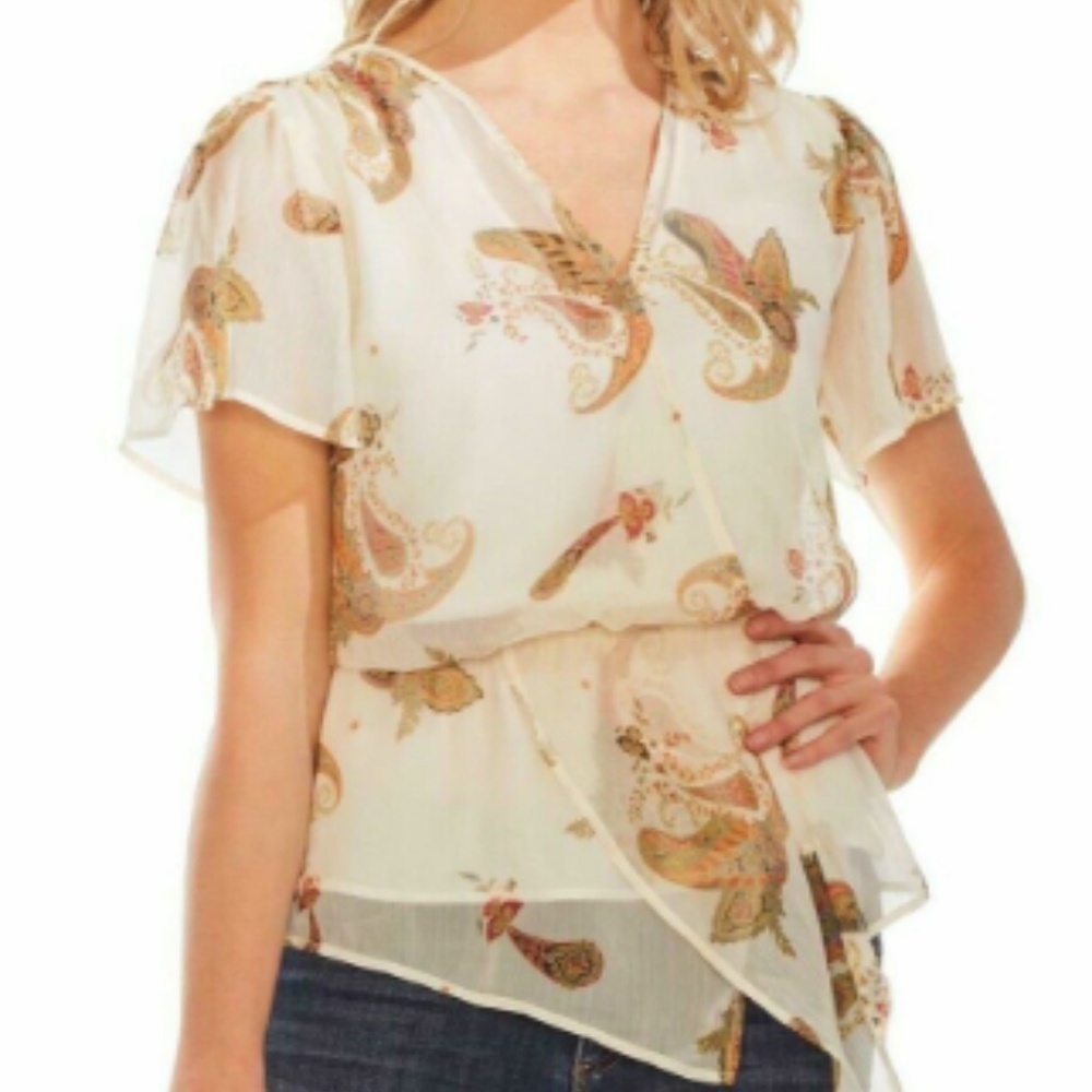Vince Camuto Cream Green Paisley Bohemian Coquette Surplice Peplum Blouse Size L